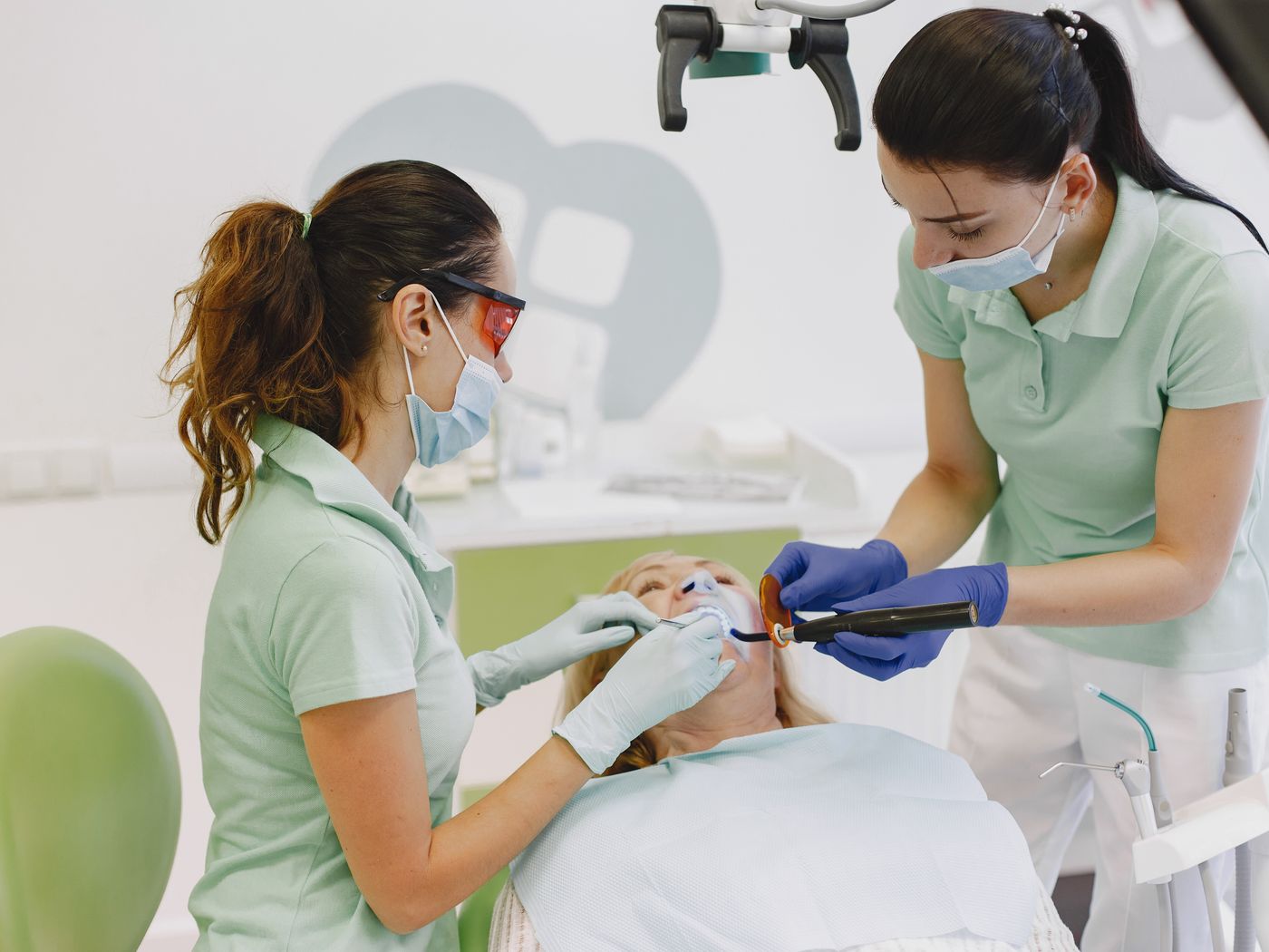 Clinical dental instruments prepared on a tray for a restorative procedure