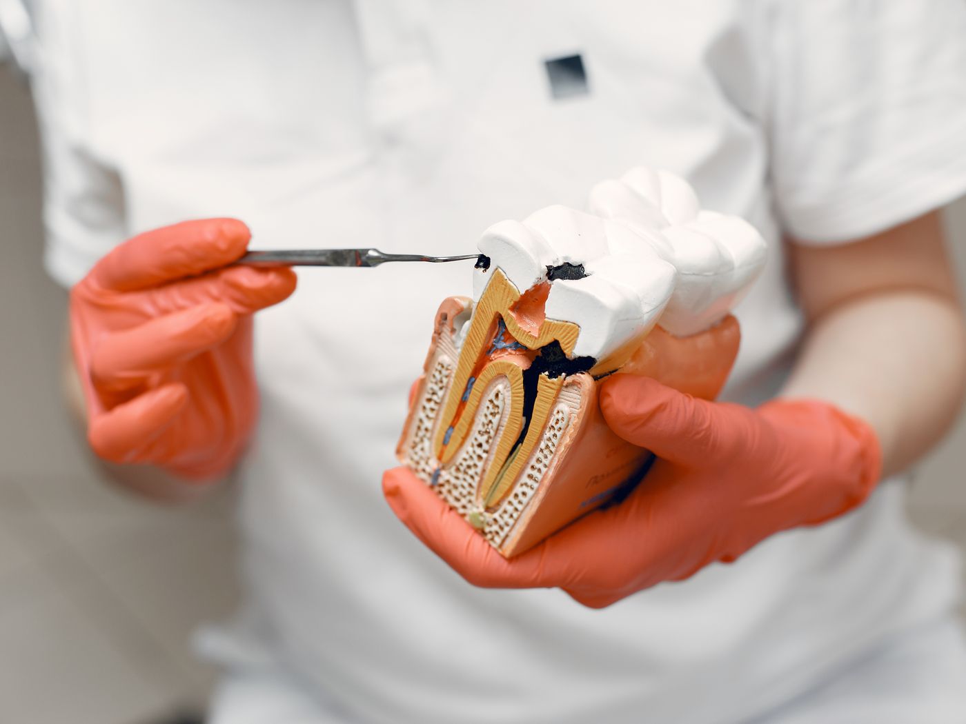 Sterilised stainless steel dental instruments arranged on a clinical tray